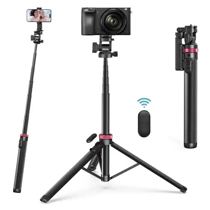 Ulanzi MT-78 Quick Release Camera Tripod with Cold Shoe Mounting System, Smartphone Holder, Remote Shutter Button, and 7-Section Extendable Height up to 185cm for Live Streaming, Vlogging, Photography